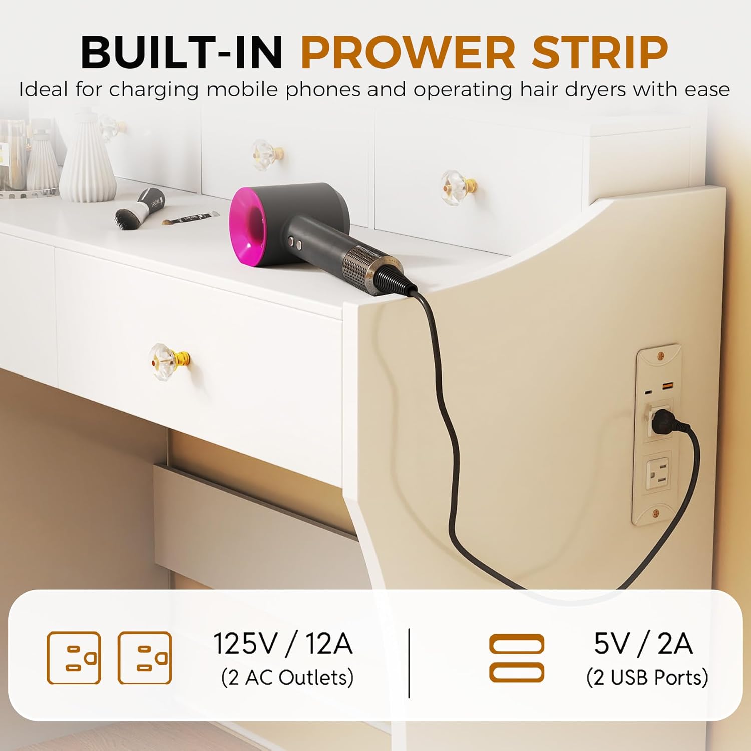 COMHOMA Makeup Vanity Desk with Mirror and Lights, Vanity Table and Chair Set with 5 Drawers and Charging Station, Bedroom Dresser LED Mirror Stepless Dimmable & 3 Color Modes Adjustable, Pure White - Image 5