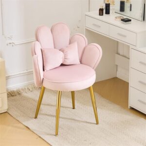 VINGLI Petal Makeup Vanity Chair with Back,Flower Cute Girls Desk Chair Comfy No Wheels,Modern Dining Chair,Small Accent Chair with Adustable Gold Legs&Bow Pillow for Home Office,Bedroom,Velvet,Pink