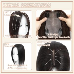 Hair Toppers for Women Real Human Hair， 360°3D Big Basement Cover Topper for Women with Thinning Crown with Wispy Clip in Bangs Realistic Scalp (Dark Brown, 3D Wispy Bangs 18INCH)