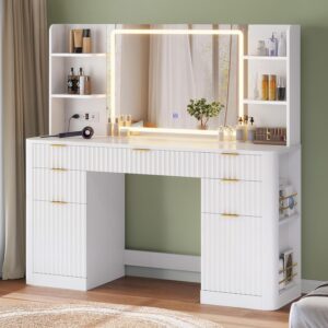 51.2″ Fluted Makeup Vanity Desk with Large 30.3″ Mirror and Lights, 5 Drawer Vanity with Power Strip, 6 Open Shelves, 2 Cabinet，Modern Dressing Table with Solid Wood Legs for Bedroom, White