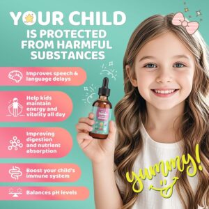 Zeolite Detox for Kids, 200mg Zeolite Liquid Drops with 1000mcg Vitamin B12, 250mg Organic Chlorella, 10 Billion CFU and Prebiotics for Gut Support & Speech, Immune, Bone, Energy, Strawberry, 60ML