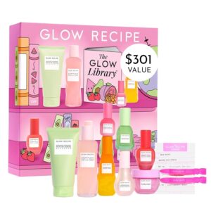 Glow Recipe Library Skincare Gift Set – Avocado Face Wash + Face Serum + Facial Toner + Guava Eye Cream + Hyaluronic Acid Moisturizer + Dew Drops + Strawberry Smooth Serum + 2 Hair Clips (10 Count)