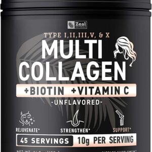 Premium Multi Collagen Peptides Protein Powder (1, 2, 3, 5 & 10) with Vitamin C, Biotin, Hyaluronic Acid, for Hair Skin and Nails – Marine, Bovine, Chicken & Eggshell (Unflavored, 45 Servings)