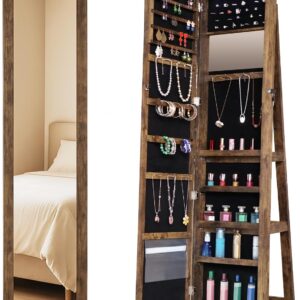 360° Rotating Jewelry Armoire with Full-Length Mirror and LED Lighting, 65” Lockable Floor Standing Jewelry Cabinet with Large Storage and Rear Shelves,Brown