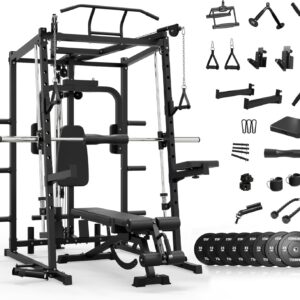Mikolo All-in-One Smith Machine Home Gym with 230lbs Weight Plates, Power Cage with Cable Crossover, LAT Pulldown, Squat Rack & Adjustable Weight Bench