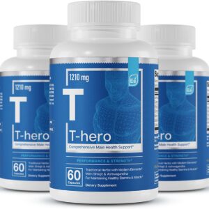 Essential Elements Male Health Supplement – Muscle Support & T-Health with DIM, Ashwagandha, Shilajit, More | T-Hero 60 Vegan Capsules (3-Pack)
