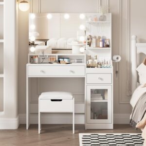 Vabches Vanity with Mirror and Lights, Makeup Vanity Table with Charging Station, Cute Vanity Set with Comfortable Bench, Dressing Table with 3 Storage Compartments, 39.8inch, White