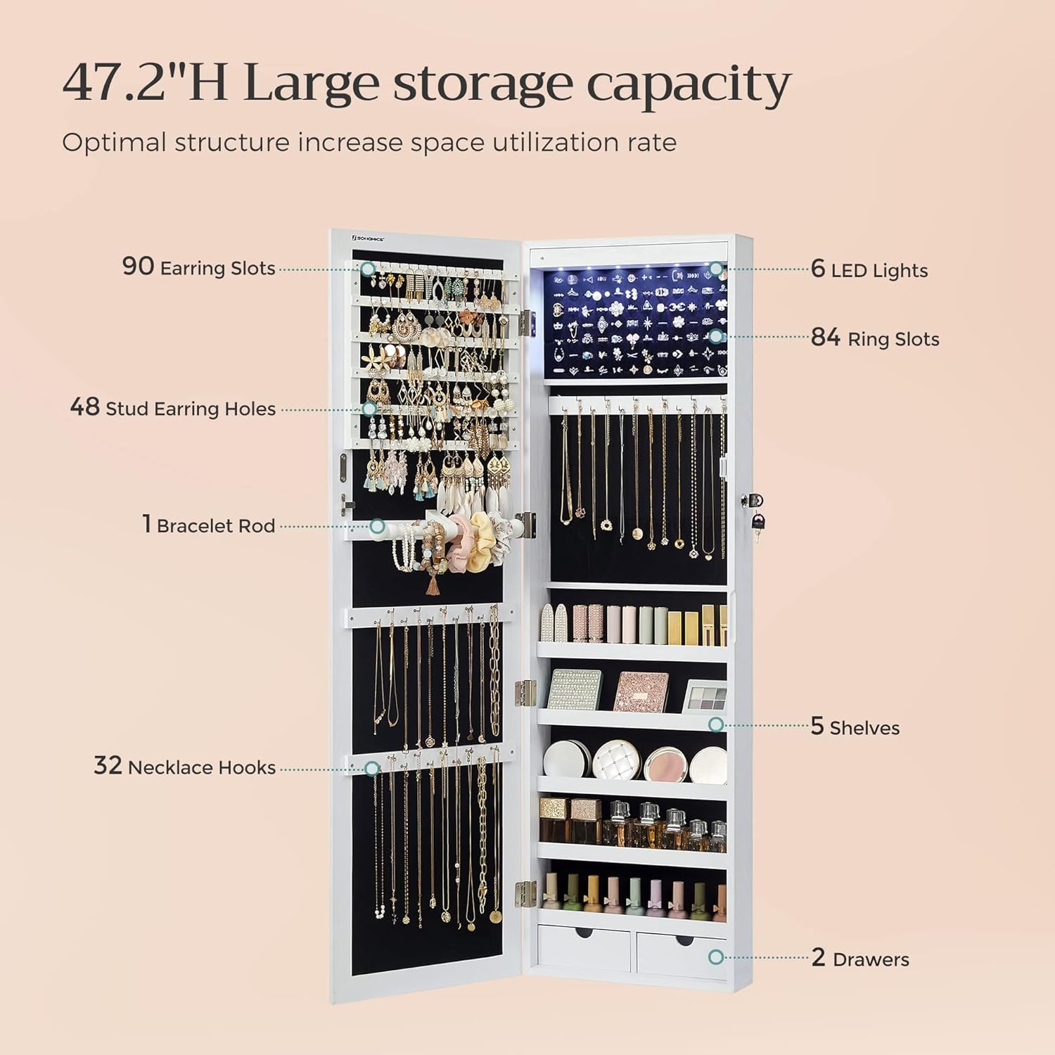 SONGMICS 6 LEDs Mirror Jewelry Cabinet, 47.2-Inch Tall Lockable Wall or Door Mounted Jewelry Armoire Organizer with Mirror, 2 Drawers, 3.9 x 14.6 x 47.2 Inches, White UJJC93W - Image 5
