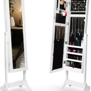 DECOMIL LED Light Jewelry Cabinet Armoire with Mirror, Large Storage 57″ Tall Mirrored Armoire Box Necklace Ring 27 Hook Girls Women, Modern Standing Jewelry Armories with 3 Adjustable Angles