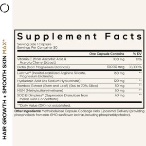 Codeage Hair Growth + Smooth Skin Max Vitamins Supplement – Patented Lustriva & SOD B Dimpless Superoxide Dismutase – Hair Growth Health Skin Cellulite Support – Biotin, Vitamin C, MSM – 30 Capsules