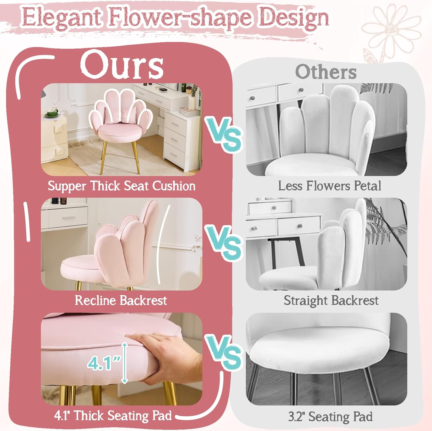 VINGLI Petal Makeup Vanity Chair with Back,Flower Cute Girls Desk Chair Comfy No Wheels,Modern Dining Chair,Small Accent Chair with Adustable Gold Legs&Bow Pillow for Home Office,Bedroom,Velvet,Pink - Image 3