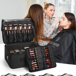 Relavel Extra Large Makeup Case Professional Cosmetic Storage Organizer Box Brush Holder with 4 Clear Set Bags & Lipstick Plate for Makeup Artists with Shoulder Strap & Adjustable Dividers