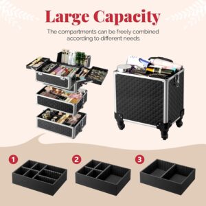 mefeir 4-in-1 Rolling Makeup Train Case Lift Handle,4 Removable Wheels Lockable Keys,Aluminum Cosmetic Trolley Beauty Stylist Artist Organizer Box,Ideal Xmas New Year Gift (Diamond Black)
