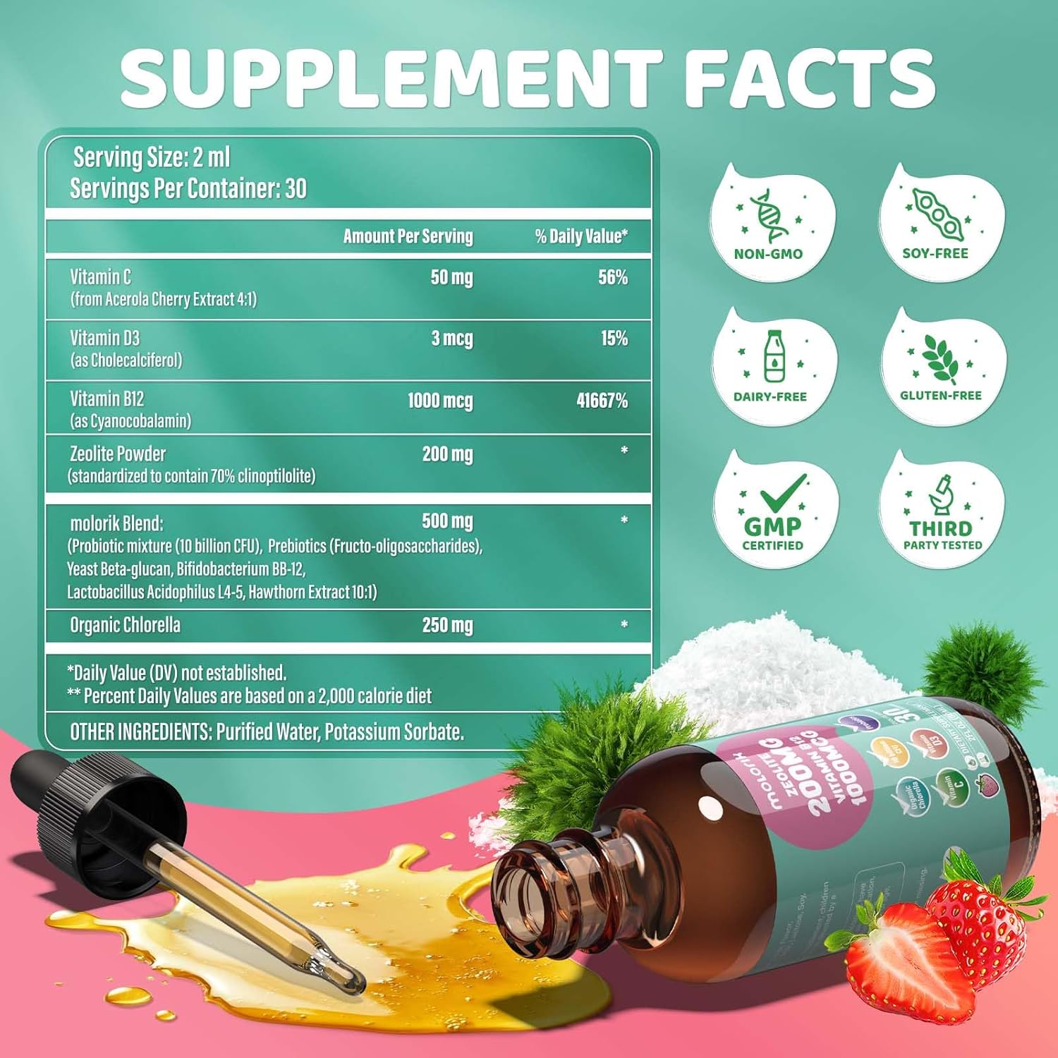 Zeolite Detox for Kids, 200mg Zeolite Liquid Drops with 1000mcg Vitamin B12, 250mg Organic Chlorella, 10 Billion CFU and Prebiotics for Gut Support & Speech, Immune, Bone, Energy, Strawberry, 60ML - Image 7