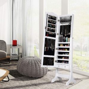 Giantex Jewelry Armoire Organizer with Full Length Mirror, 14 LEDs Floor Standing Jewelry Cabinet with 2 Drawers, 4 Adjustable Angles, Lockable Jewelry Storage Box Cabinet (White)