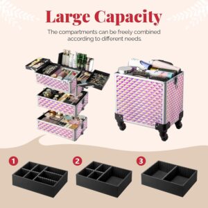 mefeir 4-in-1 Rolling Makeup Train Case Lift Handle,4 Removable Wheels Lockable Keys,Aluminum Cosmetic Trolley Beauty Stylist Artist Organizer Box,Ideal Xmas New Year Gift (Diamond Pink)