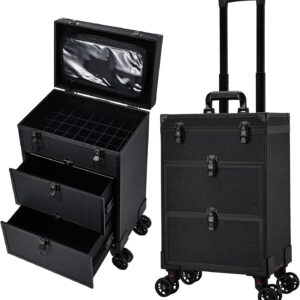 Professional 3 in 1 Rolling Makeup Case Cosmetology Case on Wheels 2 Large Drawer Nail Case Trolley Traveling Cosmetic Train Case with Makeup Pouch for Artists Nail Technician Salon Cart Trunk Black