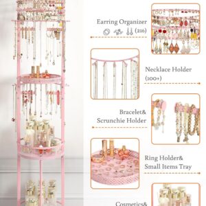 Jewelry Holder Organizer, Floor Jewelry Organizer with Earring Organizer Necklace Holder, Rotating Jewelry Stand Necklace Display Earring Storage, Large Hanging Jewelry Tree for Jewlery Bracelet Ring