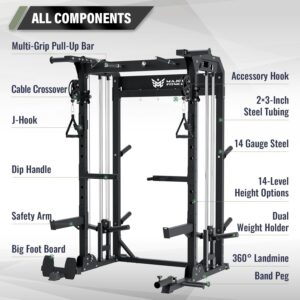 MAJOR FITNESS F22 Multi-Functional Power Rack—1600lbs Capacity All-in-One Squat Rack with Dual Pulley System for Home Gym Strength Training