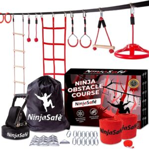 Ninja Obstacle Course for Kids Backyard – 10 Durable Obstacles and 50′ Slackline – Outdoor Warrior Obstacle Playset Equipment for Girls & Boys with Monkey Bars, Ladder, Wheel, Gymnastics, Climbing Net