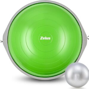 ZELUS 25in. Balance Ball | 660lb Inflatable Half Exercise Ball Wobble Board Balance Trainer w Nonslip Base | Half Yoga Ball Strength Training Equipment w 2 Bands, Pump, Extra Ball Included