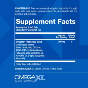 OmegaXL Joint Support Supplement – Natural Muscle Support, Green Lipped Mussel Oil, Soft Gel Pills, Drug-Free, 300 Count