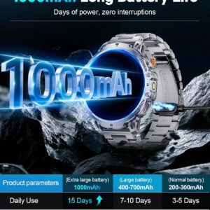 LIGE Smart Watch with 1.85″ HD Large Screen, Android iPhone Smart Watches for Men with 1000mAh Battery/LED Flashlight/50M Waterproof/,120+ Sports Fitness Tracker Watch, Silver (Double Straps)