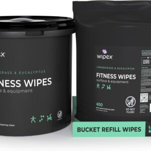 Wipex Gym Wipes for Equipment Bundle – Get 800 Wipes with (1) Lemongrass & Eucalyptus Bucket & (1) Refill Roll, Plant-Based Fitness Equipment Wipes, Clean Surfaces & Mats, 400 Count (Pack of 2)