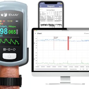 EMAY Sleep Oxygen Monitor with PC Software & App | Bluetooth Pulse Oximeter Rechargeable for Overnight & Continuous SpO2 Tracking with 72 Hours Built-in Memory | Gives Informative Report & Analysis