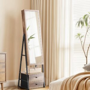 Nicetree Jewelry Cabinet Armoire with 2 Drawers, Lockable Standing Jewelry Mirror Cabinet, Full Length Mirror with Jewelry Storage, Jewelry Organizer with Light, Toasted Oak