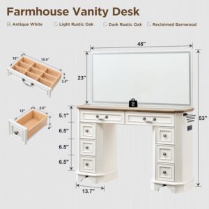 Vanity Desk with Mirror and Lights, 48” LED Lights Makeup Vanity with 8 Drawers, Farmhouse Vanity Table with 3 Color Modes, Dressing Table with Glass Top and Power (Antique White)