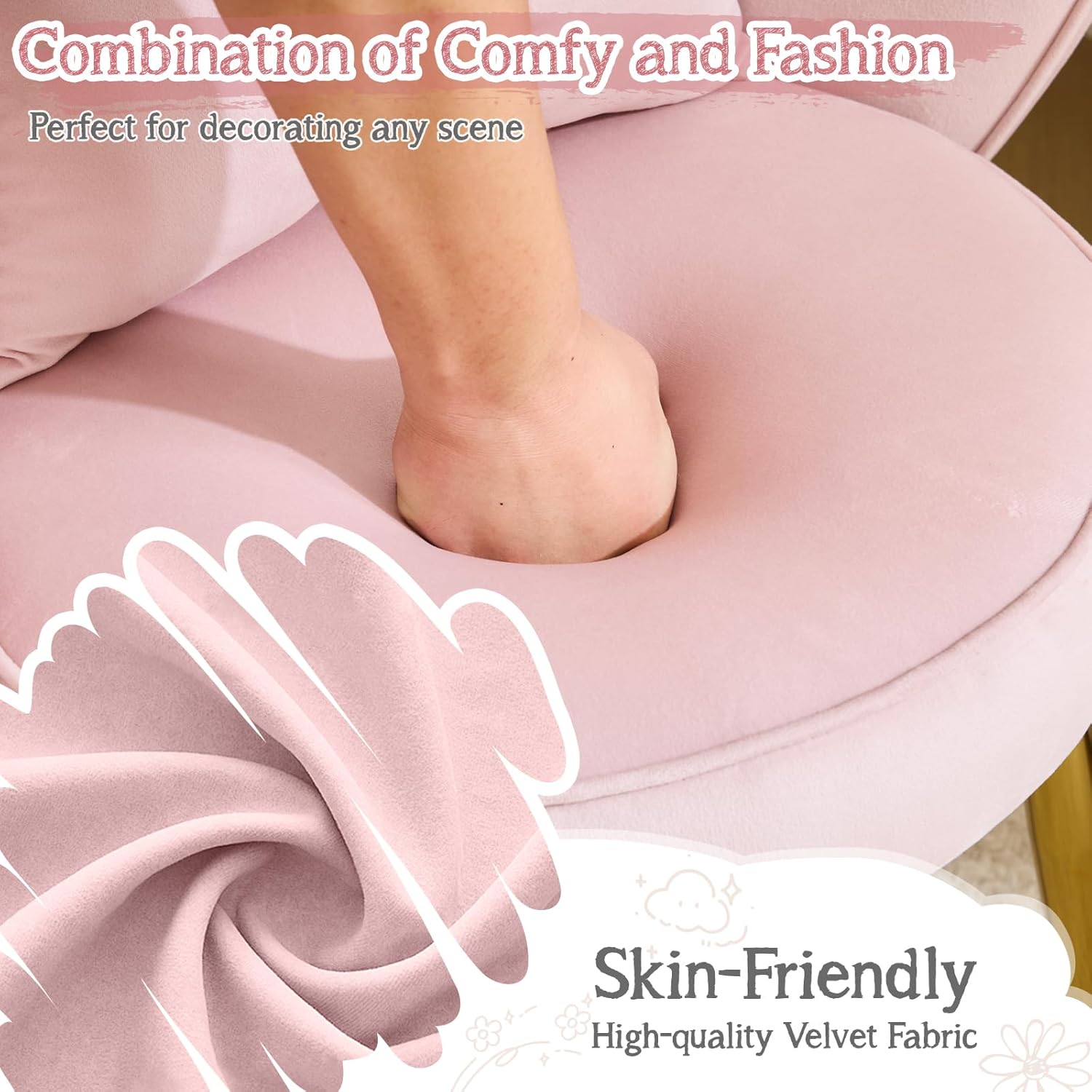 VINGLI Petal Makeup Vanity Chair with Back,Flower Cute Girls Desk Chair Comfy No Wheels,Modern Dining Chair,Small Accent Chair with Adustable Gold Legs&Bow Pillow for Home Office,Bedroom,Velvet,Pink - Image 4