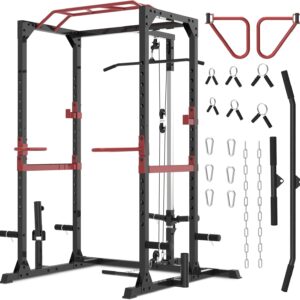 Fitness Reality Power Cage Squat Rack with Optional LAT Pulldown, Cable Crossover, 800 lb Capacity, Multi-Grip Pull-Up Bar, Adjustable Safety Bars, Strength Training for Home Gym