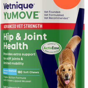 Yumove Hip & Joint Supplement for Dogs with Glucosamine, Hyaluronic Acid, Green Lipped Mussel & Omega 3 Joint Supplement – Regular or Advanced Strength (180ct, Advanced Vet Strength Soft Chews)