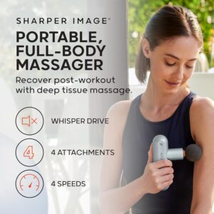 Sharper Image Powerboost Move – Mini Percussion Massage Gun| 4 Attachments, 4 Speeds| Full Body Back & Shoulder Massager| Muscle Recovery & Pain Relief| Deep Tissue Massage Tool| Wellness Gift