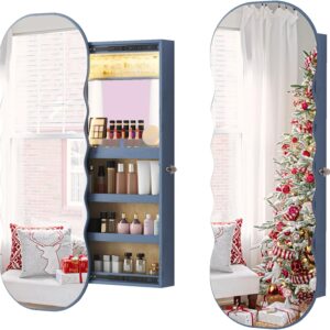 HNEBC LED Mirror Jewelry Cabinet, 47.2″ Wall Mounted Jewelry Organizer with Lights, Over The Door Hanging Rounded Jewelry Armoire, Wall Full Length Mirror with Storage, Christmas Gifts,Blue