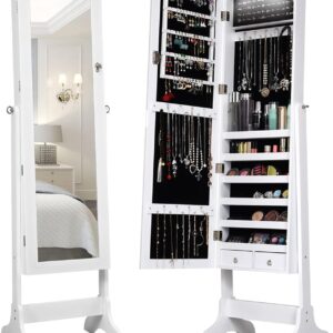 Giantex Jewelry Armoire Organizer with Full Length Mirror, 14 LEDs Floor Standing Jewelry Cabinet with 2 Drawers, 4 Adjustable Angles, Lockable Jewelry Storage Box Cabinet (White)