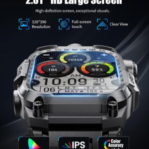 Military Smart Watches for Men(Answer/Make Calls),2.01″HD Screen Sports Smartwatch with LED Flashlight,700mAh Battery,Heart Rate/Sleep Monitor Fitness Tracker for Android iOS,100+Sport Modes,Black