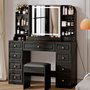 42″ Makeup Vanity Desk with Mirror and Lights, & Power Outl, Glass Top Big Vanity Table with 9 Drawers& 8 Storage Shelves, Dressing Table Set with Chair for Bedroom, Black