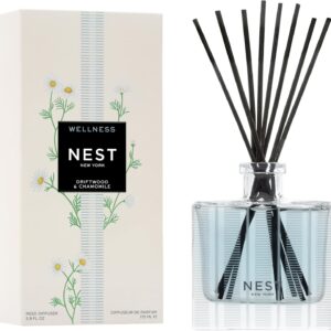 NEST New York Reed Diffuser, Driftwood & Chamomile – 5.9 fl oz – Fragrance for Up to 90 Days – Reusable, Refillable Glass Holder – Includes 8 All-Natural Reed Sticks – Flame Free
