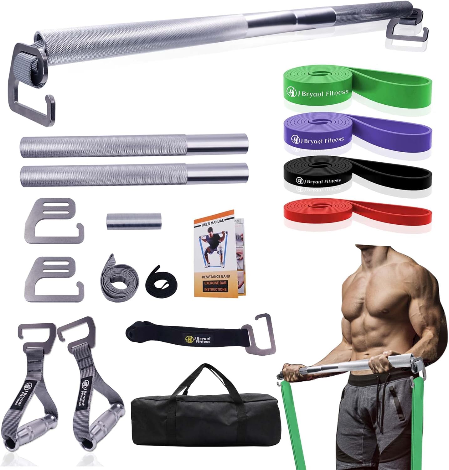J Bryant Fitness Heavy-Duty Resistance Band Bar with Resistance Bands, E-Shaped Hook Design, 500lb Load Capacity, Anti-Slip Surface, Carry Bag Included, for Strength Training and Fitness