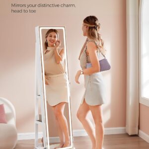 SONGMICS LED Jewelry Cabinet Standing, Lockable Armoire With Full-Length Mirror and Adjustable Lights, Space-Saving Organizer, Gift Idea, Cloud White UJJC008W01