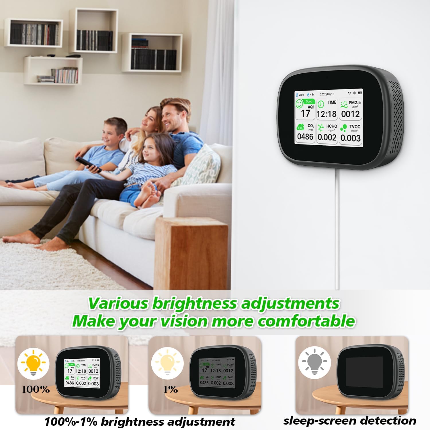 18-in-1 Smart Air Quality Monitor - Indoor WiFi Air Quality Detector with Dual Chip, Real-Time for AQI, CO2, PM2.5, PM1.0, PM10, TVOC, HCHO, Time Display, Temperature & Humidity with Aler (Black-W) - Image 6