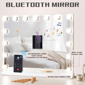 COOLJEEN Vanity Mirror with Lights and Bluetooth, Hollywood Makeup Mirror with 15 Dimmable LED Bulbs and USB Charging, 3 Color Modes Lighted Vanity Mirror, Tabletop/Wall-Mount (Shatterproof Glass)