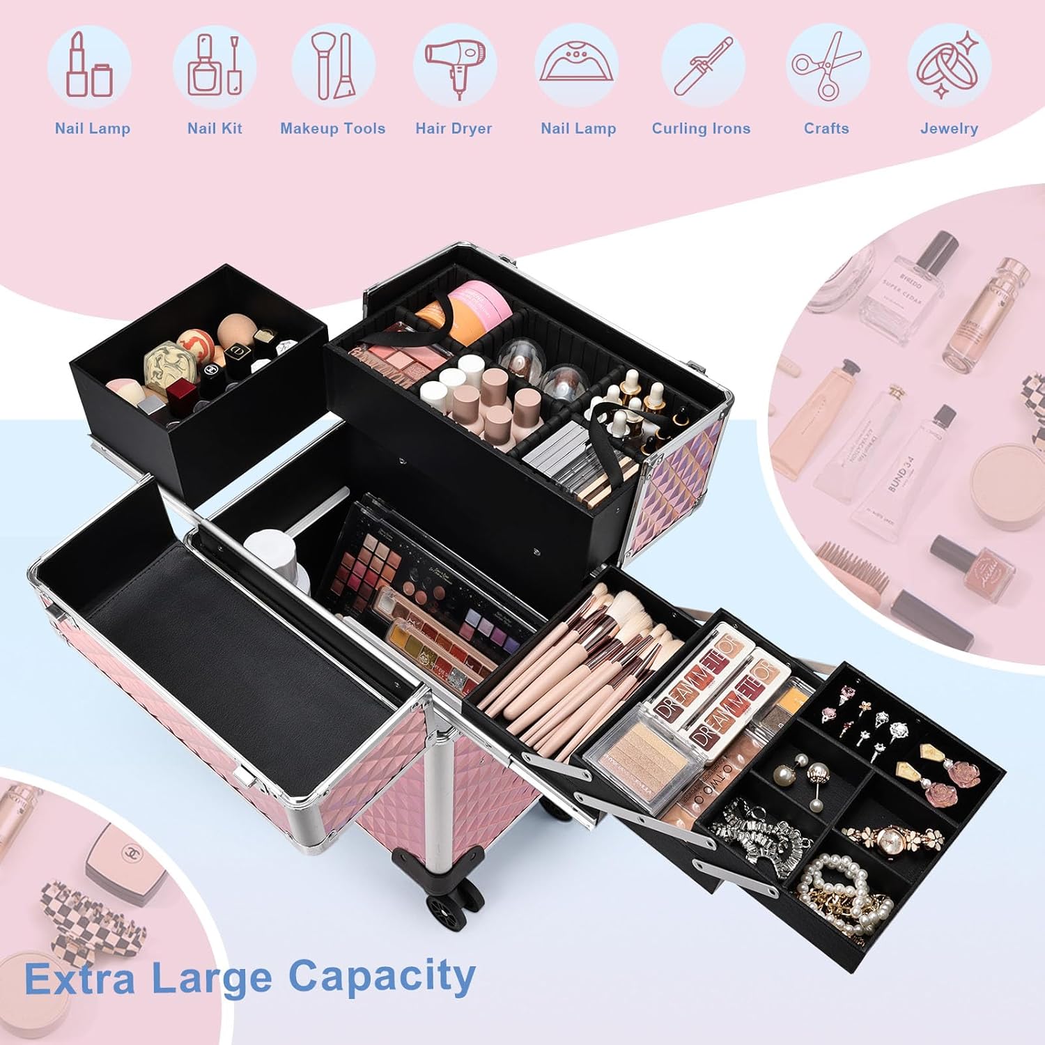 Stagiant Rolling Makeup Train Case Large Storage Cosmetic Trolley 4 Tray with Sliding Rail Removable Middle Layer with Key Swivel Wheels Salon Barber Case Traveling Cart Trunk - Image 2