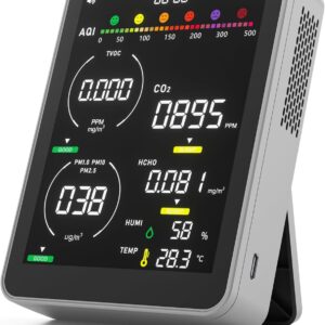 Air Quality Monitor Indoor,16-in-1 Smart Air Quality Tester with PM 2.5, CO2, TVOC, HCHO, PM1, AQI, PM10, Temperature & Humidity, Real Time Display, Battery Powered, for Home & Office (Gray)