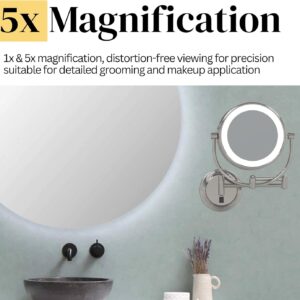 9″ LED Round Mirror – 1X & 5X Magnification | Switchable Cool & Warm Light | Hardwired LED Arm Wall Mirror | Makeup Mirror for Vanity, Bedroom, Bathroom | Energy Efficient (Polished Nickel)