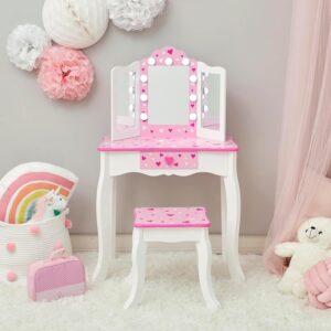 Teamson Kids Vanity Set for Girls with LED Lights, Tri-Fold Mirror, Stool & Drawer, Pretend Makeup Table for Toddlers, Heart Design, Wooden White Pink Princess Play Furniture, Ages 3+
