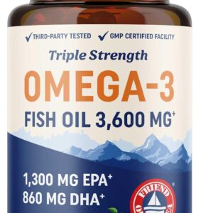 Triple Strength Omega 3 Fish Oil | 3600 mg EPA & DHA | Over 2100mg of Omega 3 Fatty Acids | 1300mg EPA + 860mg DHA | Best Essential Fatty Acids | Premium Burpless Softgel Supplements (120 Ct)