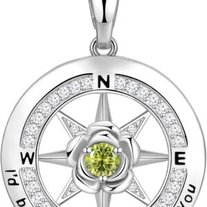 Silver Compass Necklace for Women Birthday Gifts for Wife Anniversary Necklace for Women Rose Flower Birthstone Necklaces for Wife Jewelry for Womens Girlfriend Mom Daughter